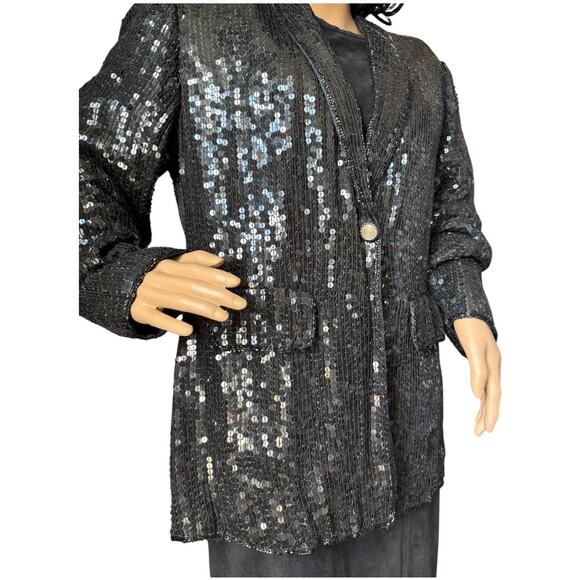 American Vtg Black Silk Sequined Formal Occasion one button Blazer coat medium - Picture 8 of 17